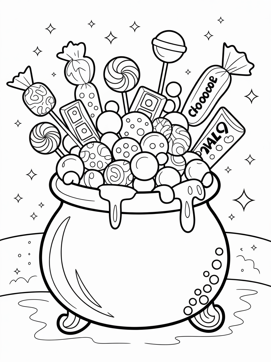 A black and white illustration of a cauldron overflowing with various Halloween candies, lollipops, and chocolates.