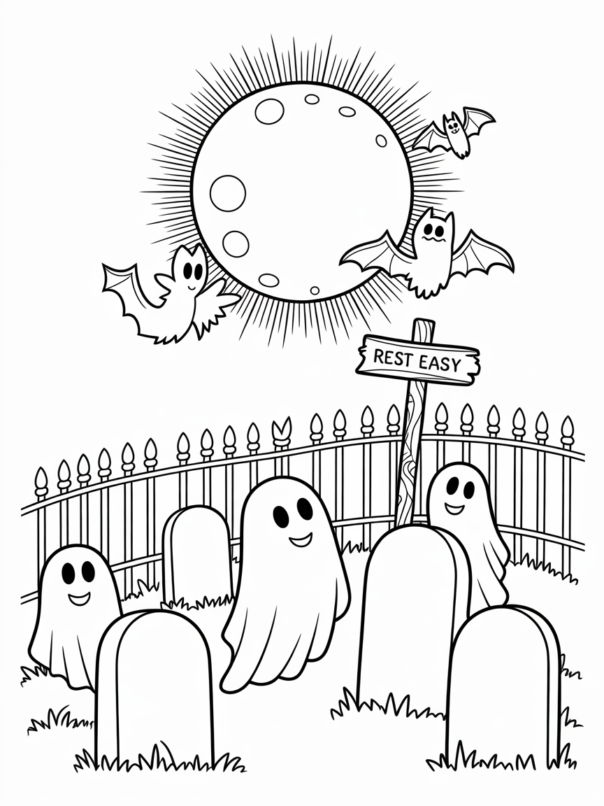 Free printable Halloween coloring page featuring cute ghosts, bats, and a graveyard scene under a full moon.