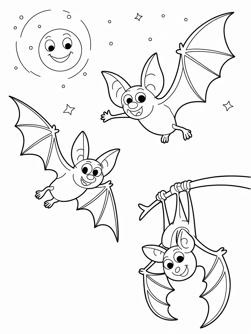 Three adorable cartoon bats in flight, one hanging upside down, perfect for kids' coloring books and Halloween activities.