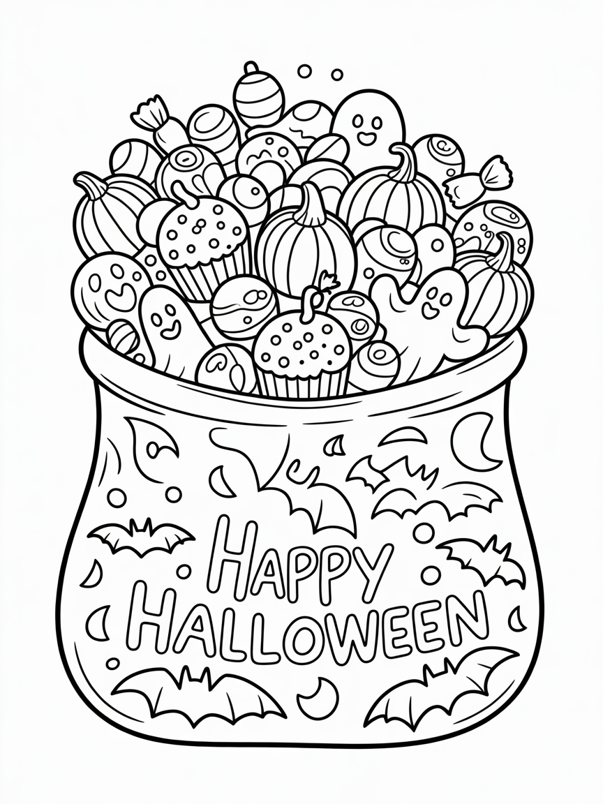 A fun Halloween coloring page featuring a cauldron overflowing with candy, pumpkins, and ghosts.