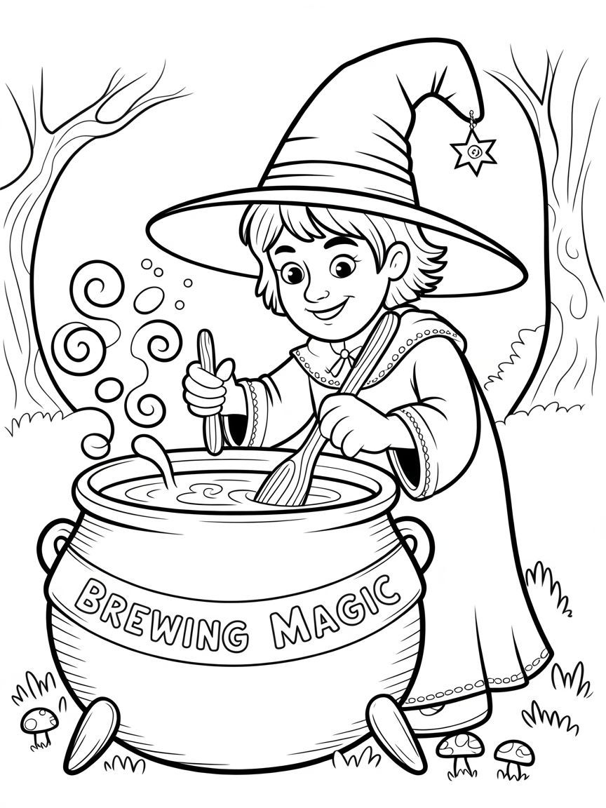 A young witch stirs a cauldron labeled 'Brewing Magic' while wearing a pointed hat and long robe.