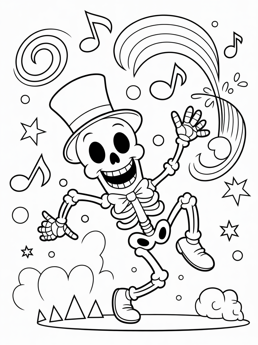 A cheerful skeleton wearing a top hat and bow tie dances joyfully, surrounded by musical notes and stars.