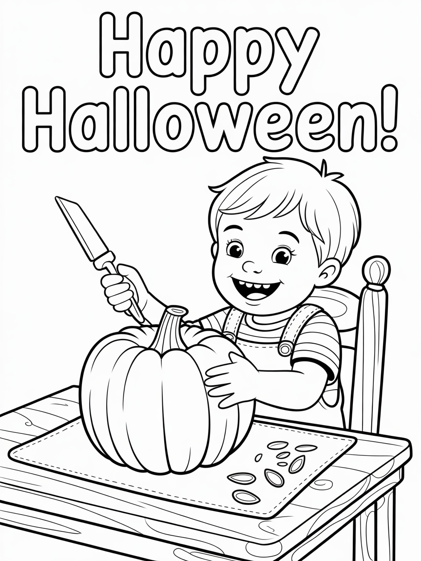 A child sits at a table carving a pumpkin, with pumpkin seeds scattered on the surface. Perfect for Halloween coloring fun!