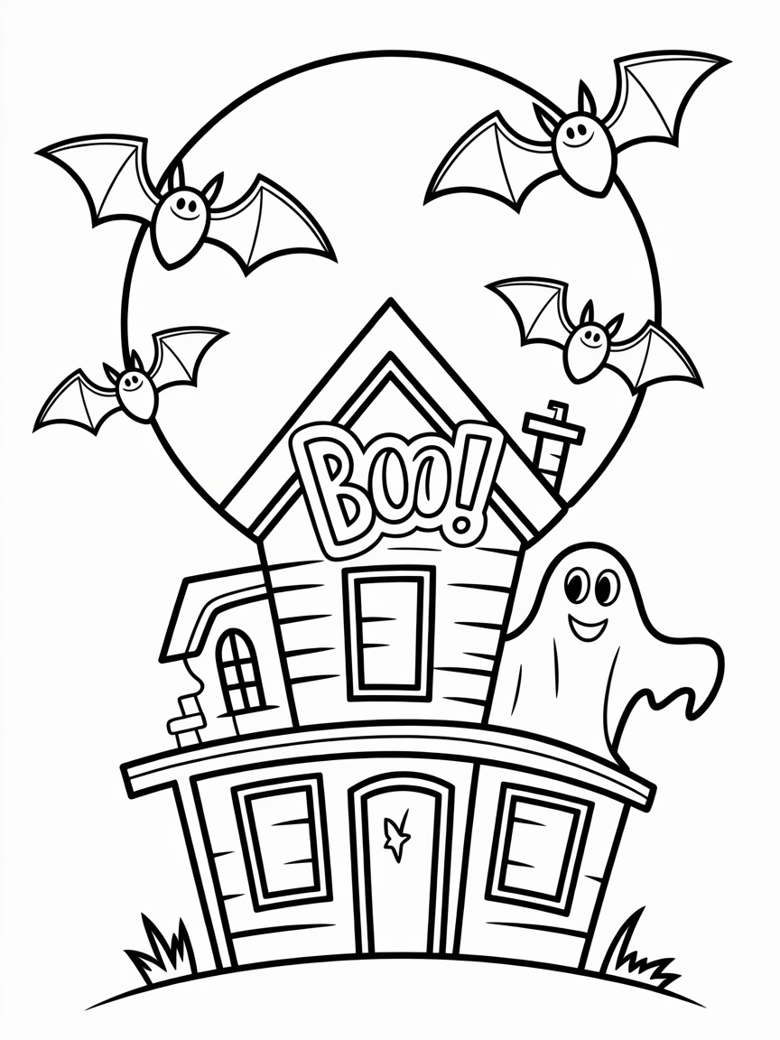 Free printable Halloween coloring page featuring a haunted house, bats, and a friendly ghost.