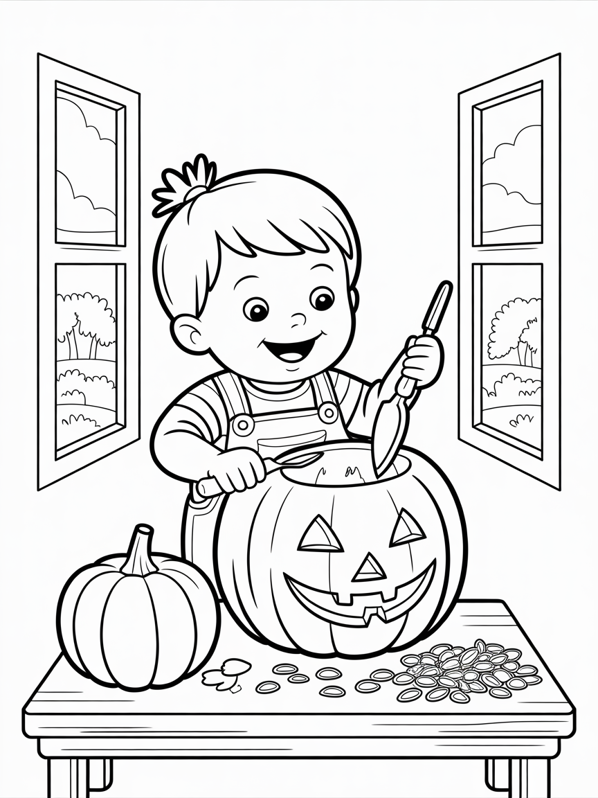 A child is scooping out seeds from a carved pumpkin on a table, surrounded by more seeds and a small pumpkin. This is a coloring page.