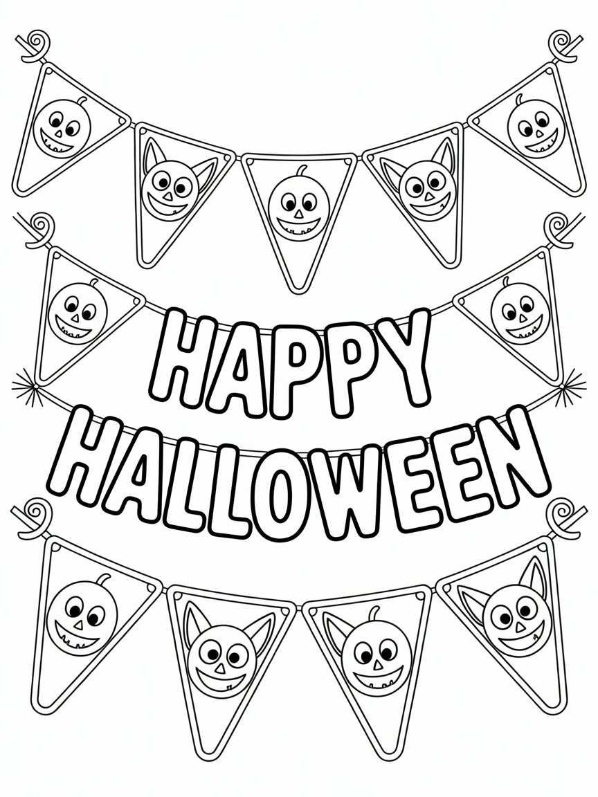 Free printable Halloween coloring page featuring a festive bunting with pumpkins and bats.
