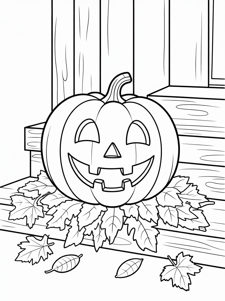 A black and white line drawing of a carved Halloween pumpkin sitting on autumn leaves on a porch.