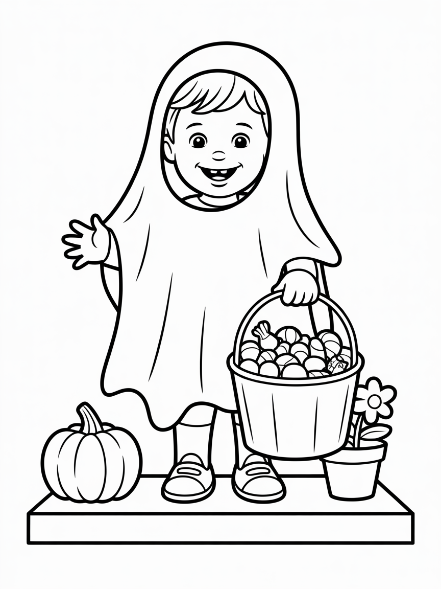 A happy toddler in a ghost costume holds a basket of candy, next to a pumpkin and flowers, ready for Halloween.