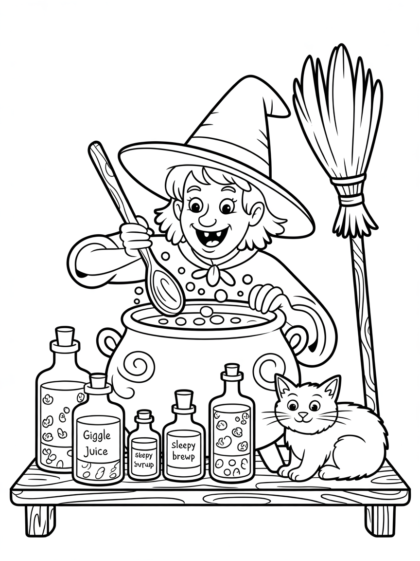 A cute witch stirs a cauldron of potion with a cat sitting nearby, surrounded by ingredient bottles; a fun Halloween coloring page.