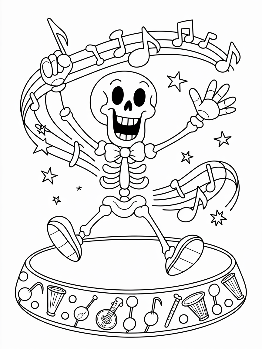 A happy skeleton dances joyfully on a stage with musical notes and instruments, a fun coloring page for kids.