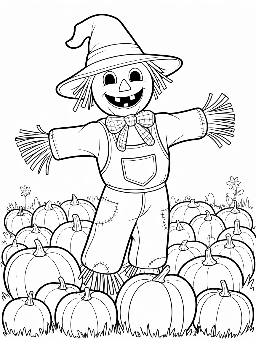 A friendly scarecrow smiles in a field of pumpkins, perfect for fall-themed coloring activities.