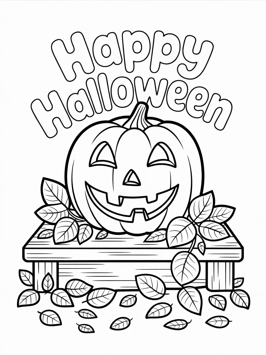 A free printable Halloween coloring page featuring a smiling jack-o'-lantern on a wooden stand with autumn leaves.