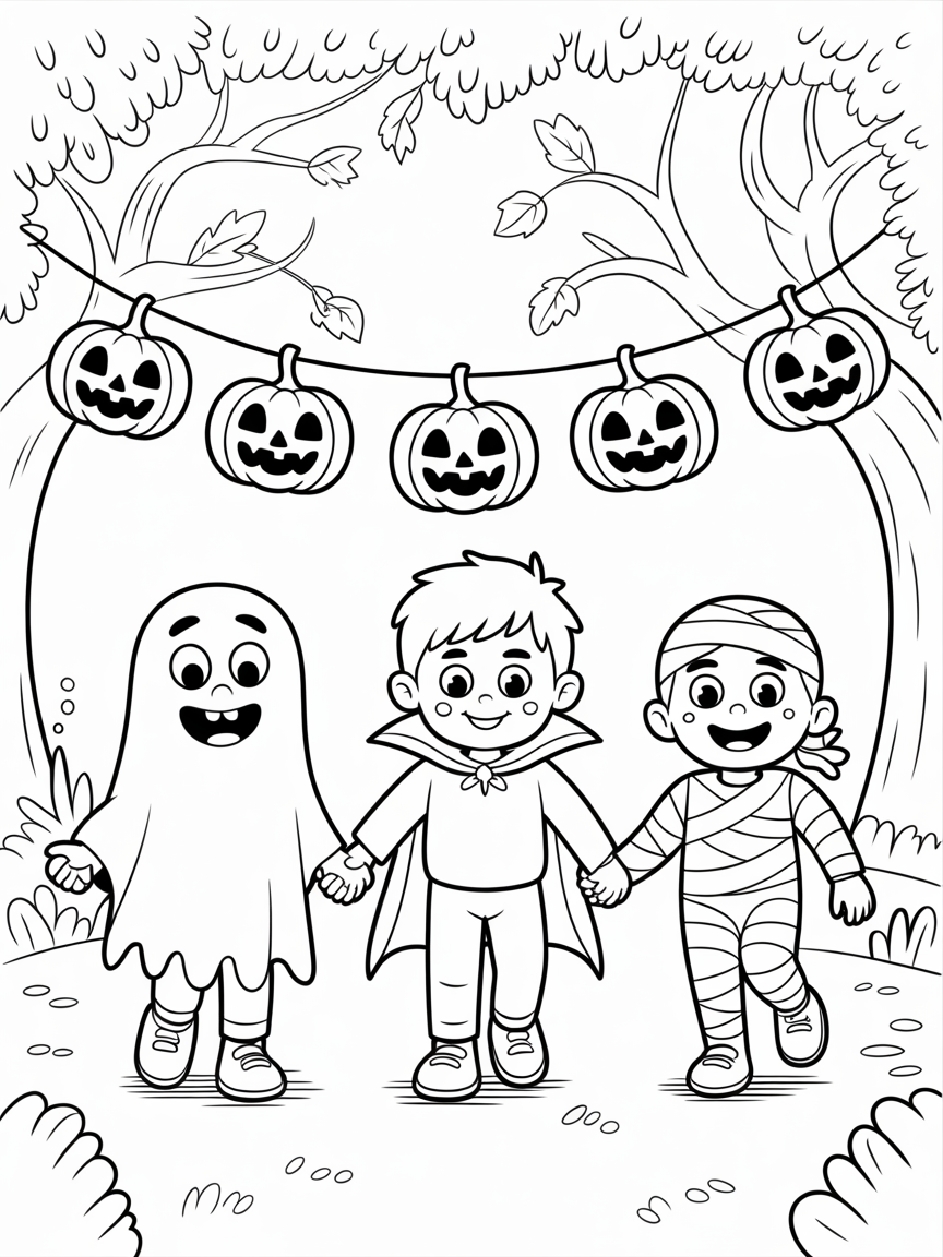 Free printable Halloween coloring page featuring children dressed as ghosts, vampires, and mummies, trick or treating.