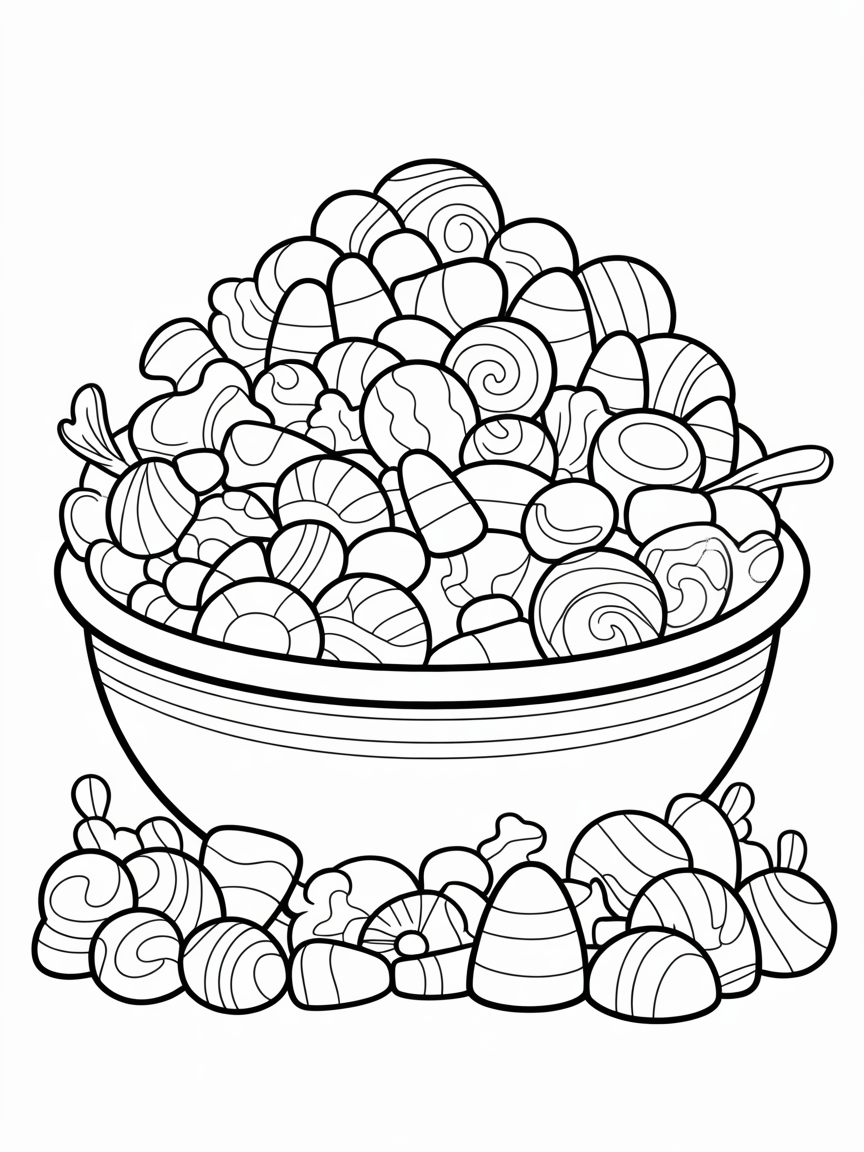 A black and white drawing of a bowl overflowing with various Halloween candies, perfect for coloring.
