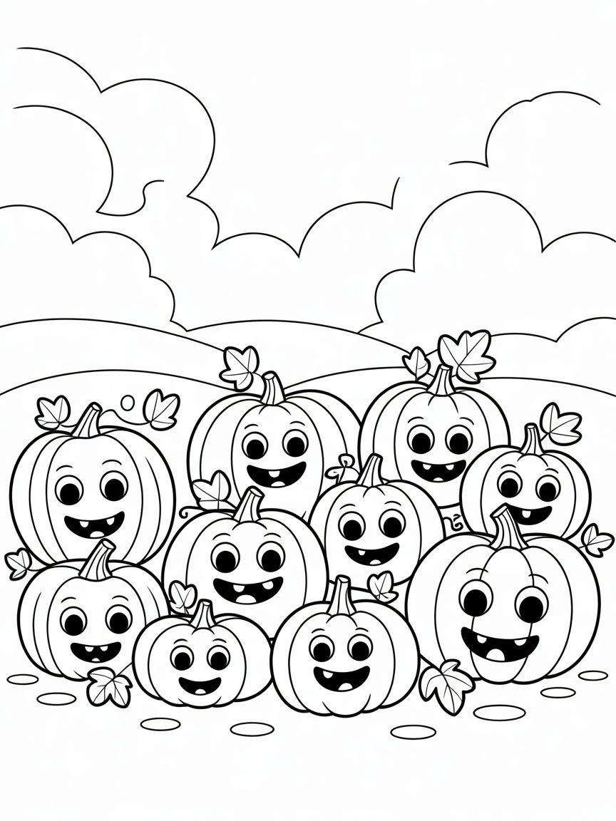 A fun coloring page featuring a patch of cute cartoon pumpkins with happy faces, perfect for kids and fall-themed activities.