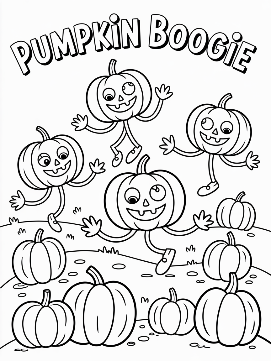 A fun Halloween coloring page featuring dancing pumpkins in a patch, perfect for kids.