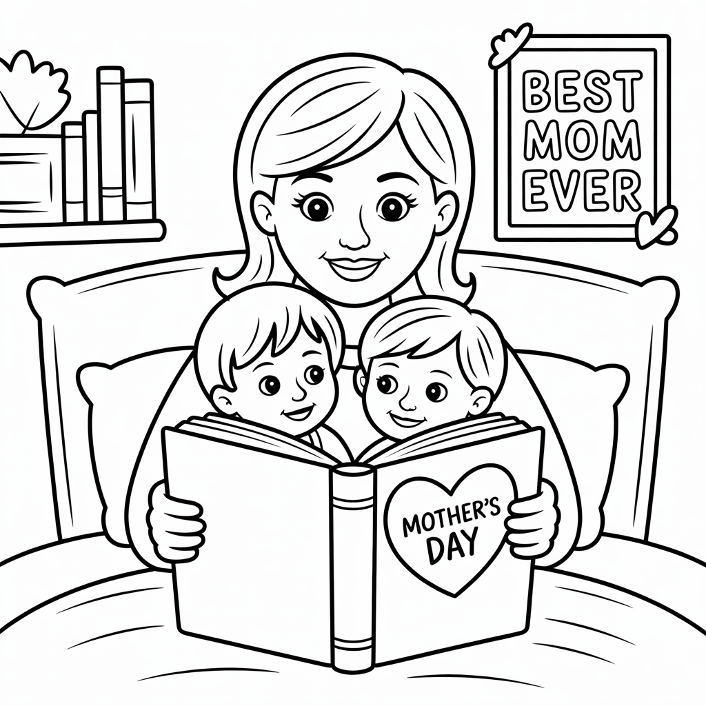 A mother is reading a Mother's Day book to her twins in bed.