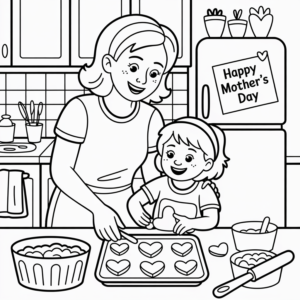 A black and white line drawing of a mother and daughter baking heart-shaped cookies together in a kitchen.