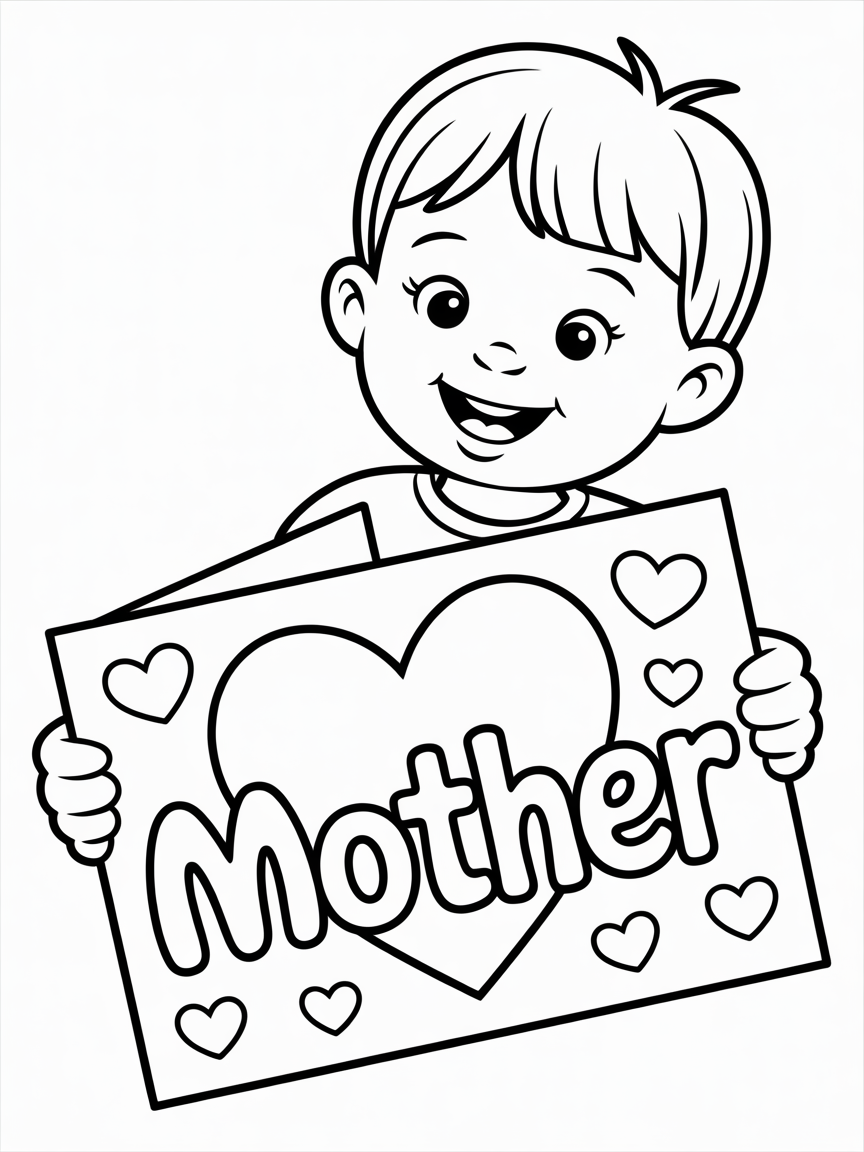 A happy boy holds a Mother's Day card featuring a large heart and the word Mother. Perfect for kids to color.