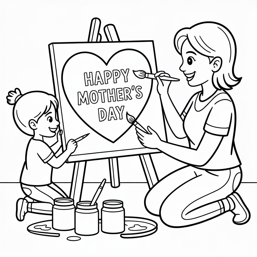 A mother and daughter kneel, painting a heart-shaped 'Happy Mother's Day' message on a canvas.