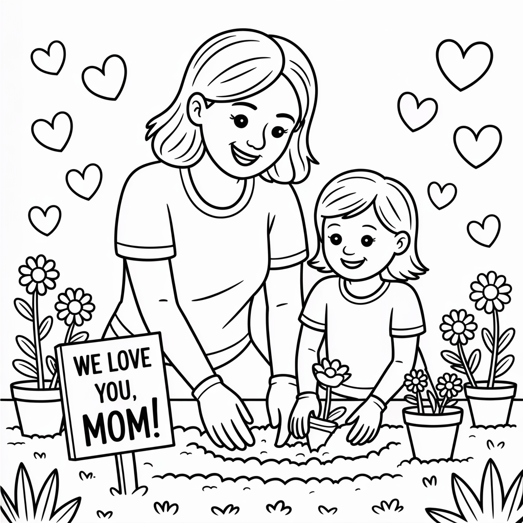 A mother and daughter are happily planting flowers together in a garden.