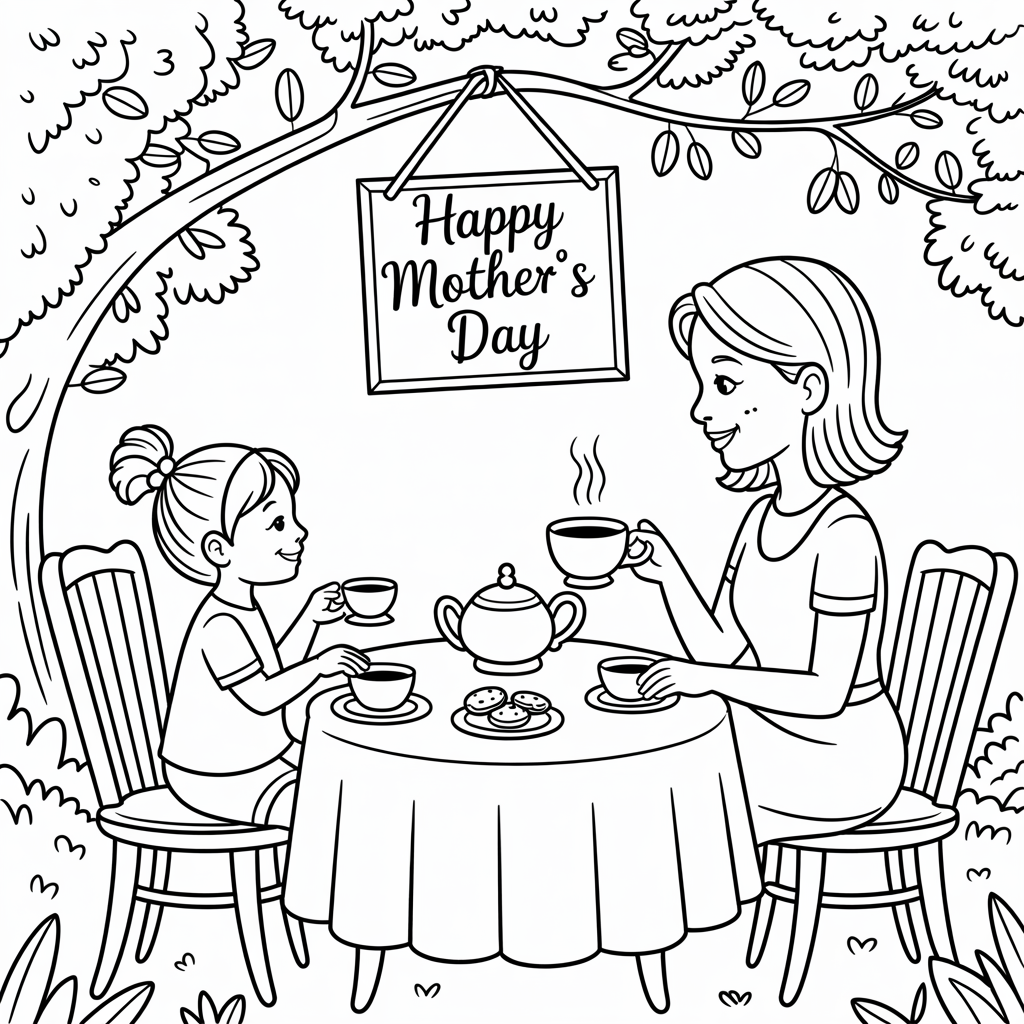 A line drawing of a mother and daughter enjoying tea and cookies together outdoors for Mother's Day.