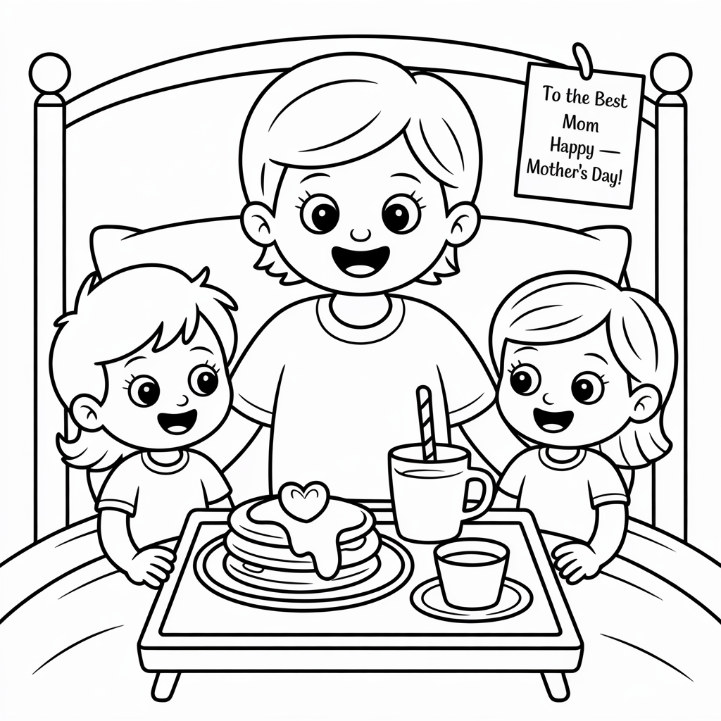 A black and white coloring page illustration of a mother in bed with her two children, enjoying a breakfast tray with pancakes and drinks.