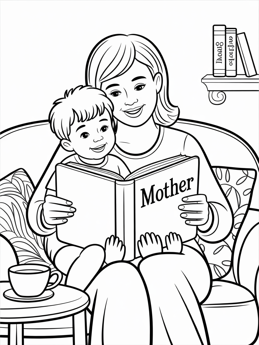 A mother and her toddler son sit together reading a book titled "Mother" in a cozy armchair.