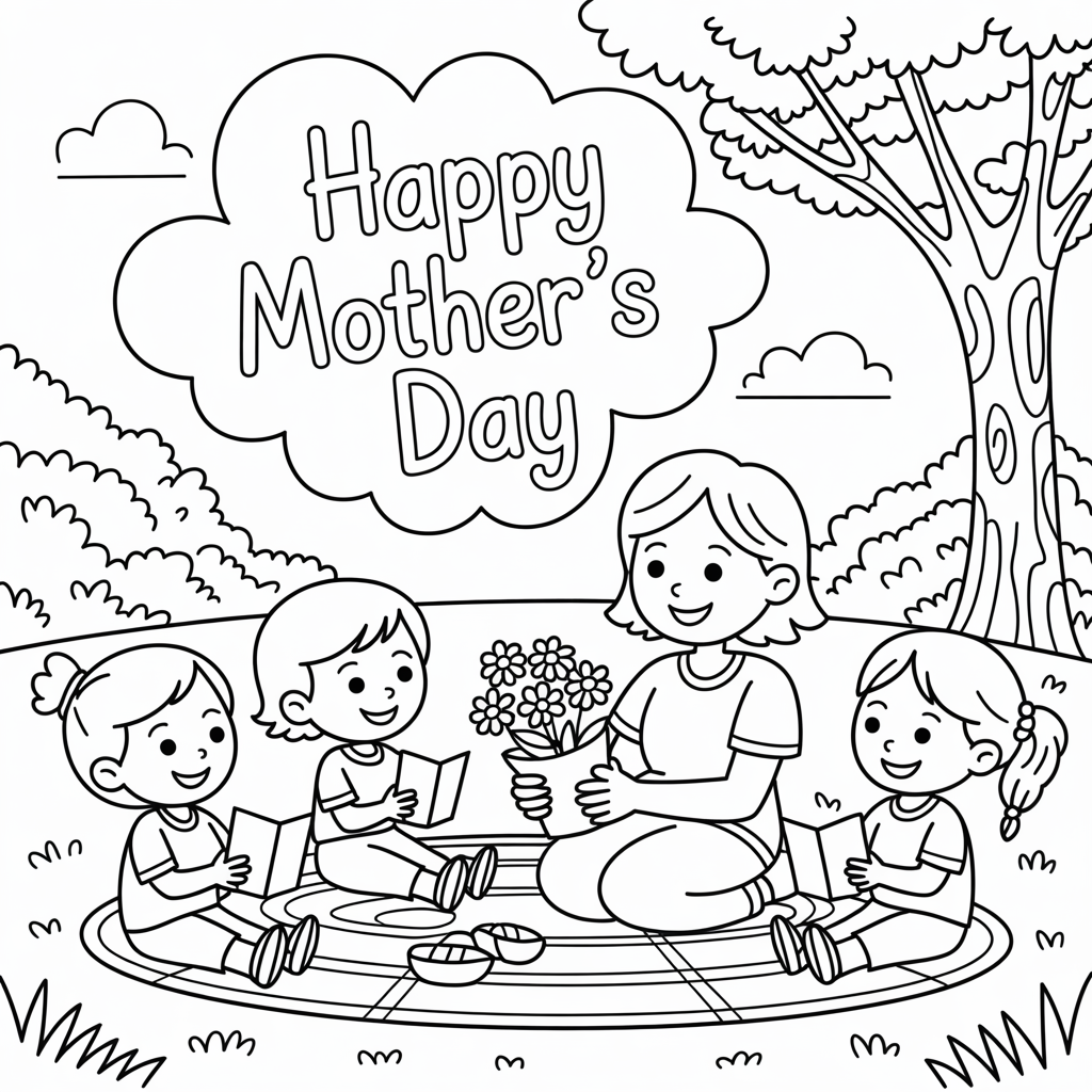 A mother and her children are sitting on a picnic blanket, surrounded by flowers, in a park scene.