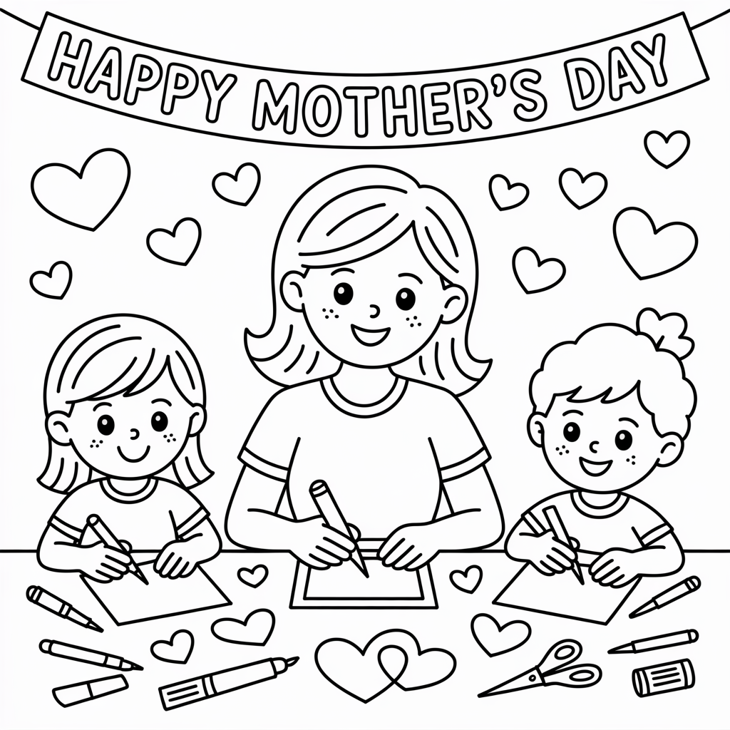 A mother and her two children are sitting at a table, drawing heart-shaped pictures for Mother's Day.