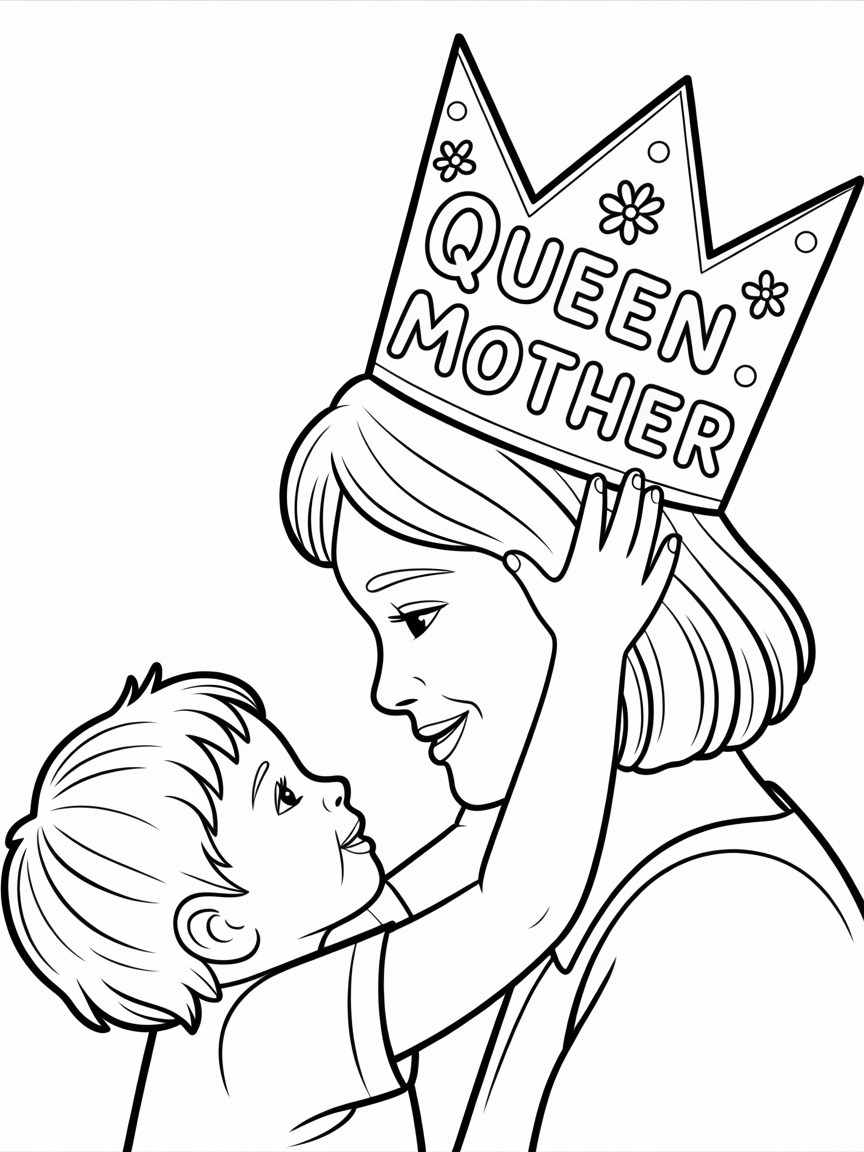 A mother wearing a 'Queen Mother' crown lovingly embraces her child; a sweet coloring page for Mother's Day.