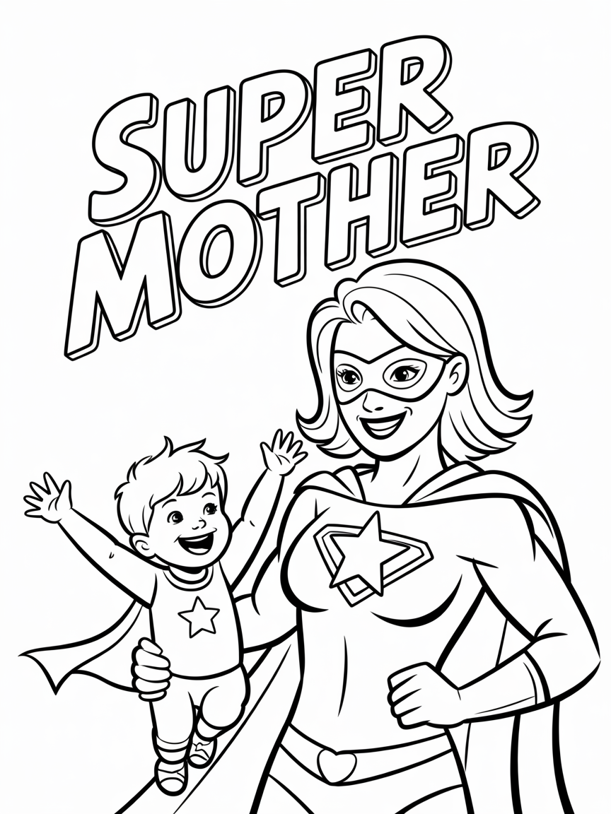 A superhero mom and her child, both wearing capes and smiles, ready for coloring fun.