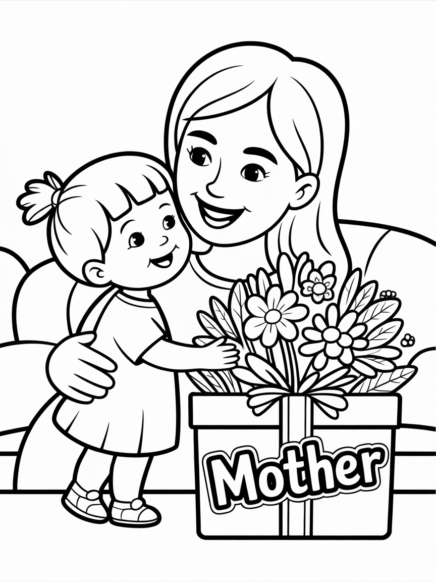 A young girl gives her mother a gift of flowers in a box that says 'Mother'. This coloring page is perfect for Mother's Day.