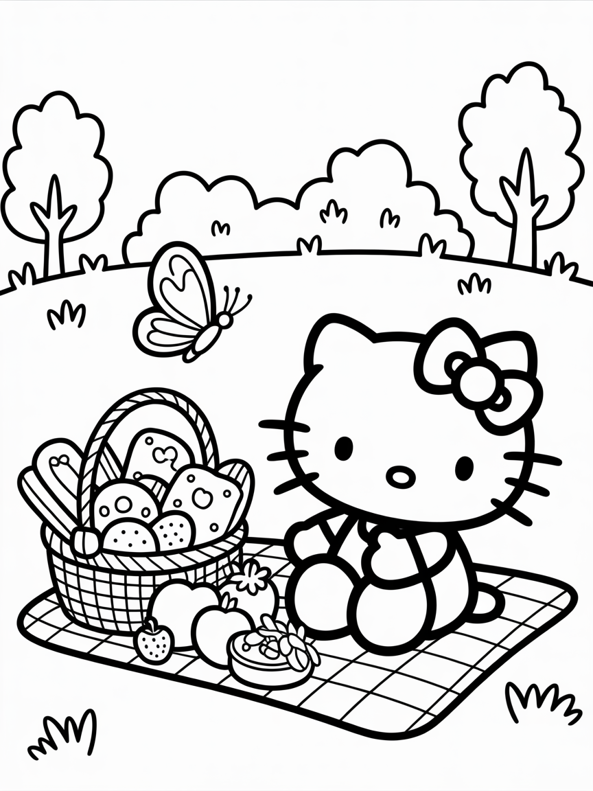 Hello Kitty enjoys a picnic in a park setting with a basket of food and a butterfly. This coloring page is perfect for kids.