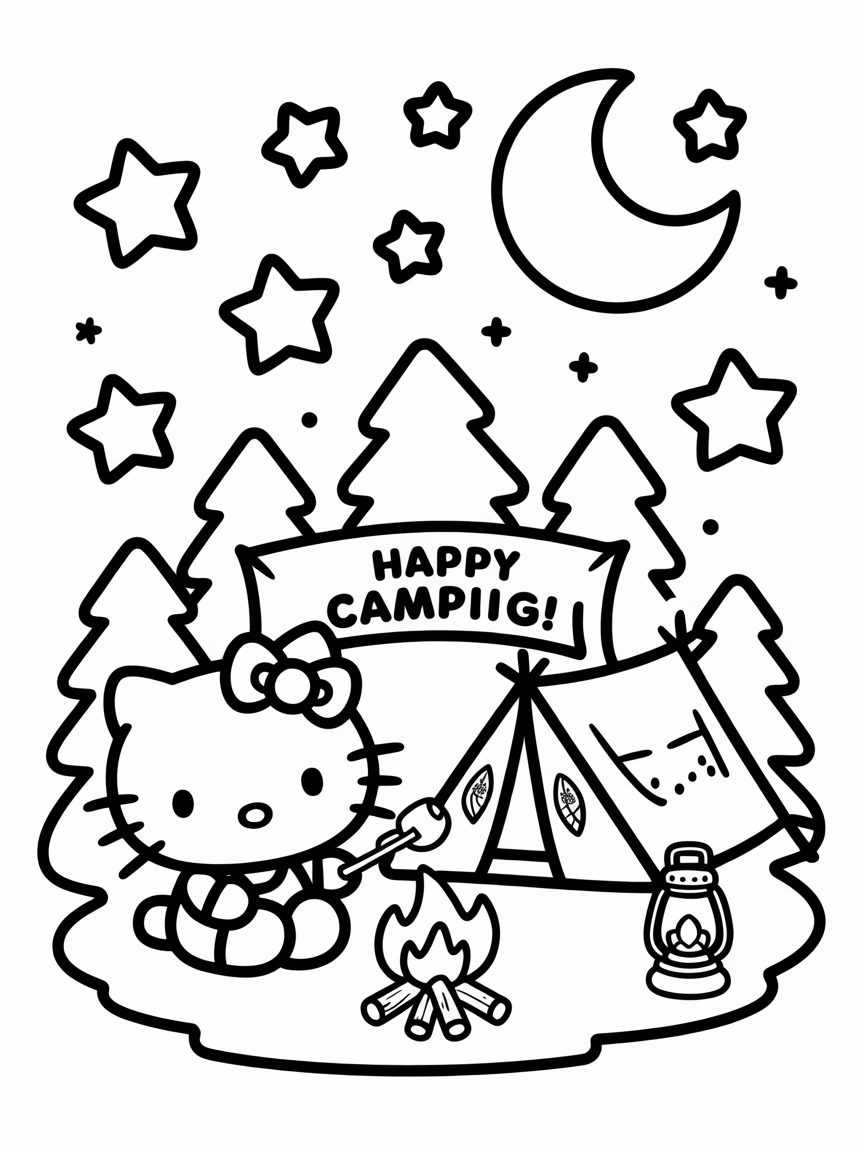 Hello Kitty roasts marshmallows by a campfire at night under a crescent moon, surrounded by stars and trees.