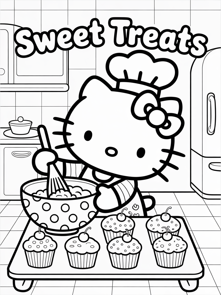 Hello Kitty, wearing a chef's hat, bakes cupcakes in a kitchen setting. A fun coloring page featuring Hello Kitty and sweets.