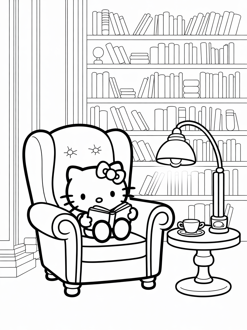 Hello Kitty sits in an armchair, reading a book in a cozy library setting with a side table and lamp.