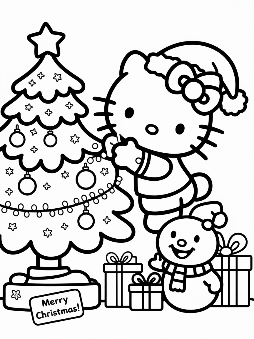 A free printable Hello Kitty Christmas coloring page featuring Hello Kitty decorating a Christmas tree with presents and a snowman.