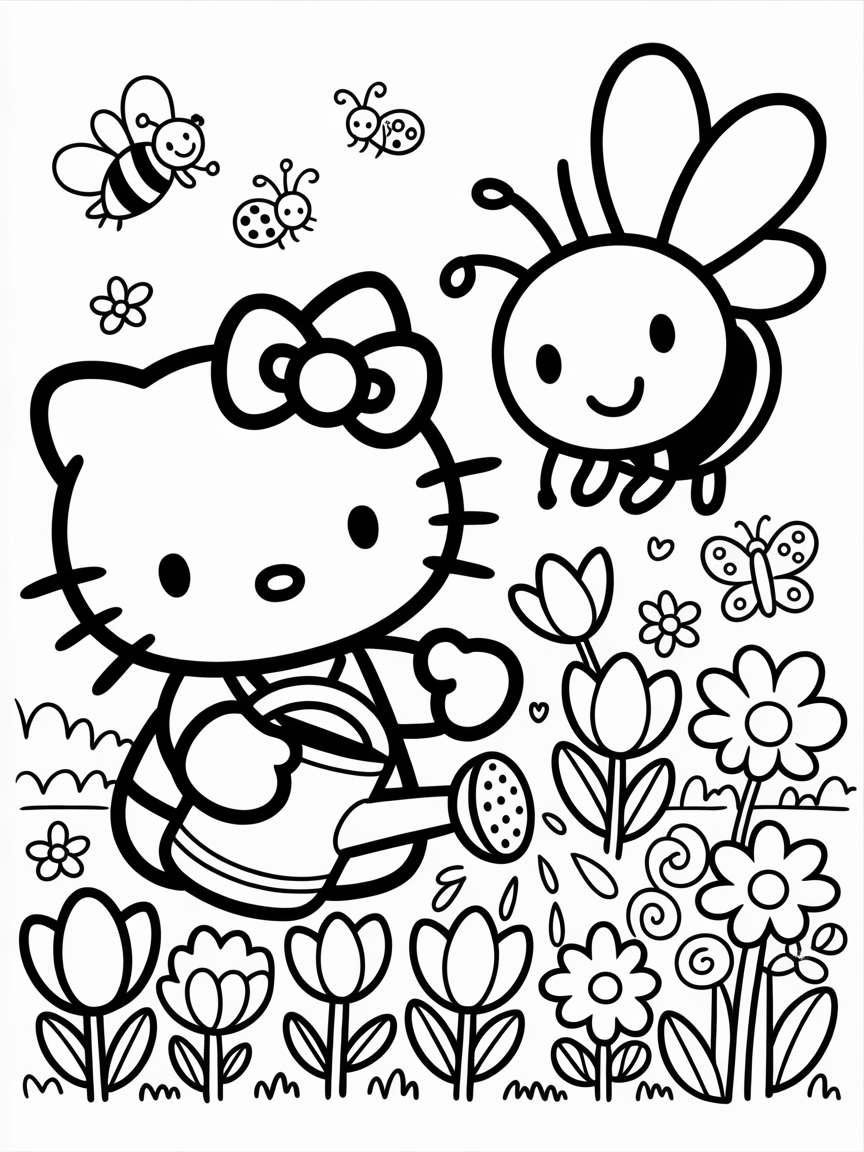 Hello Kitty waters flowers in a garden with a bee and other insects, a fun coloring page for kids.