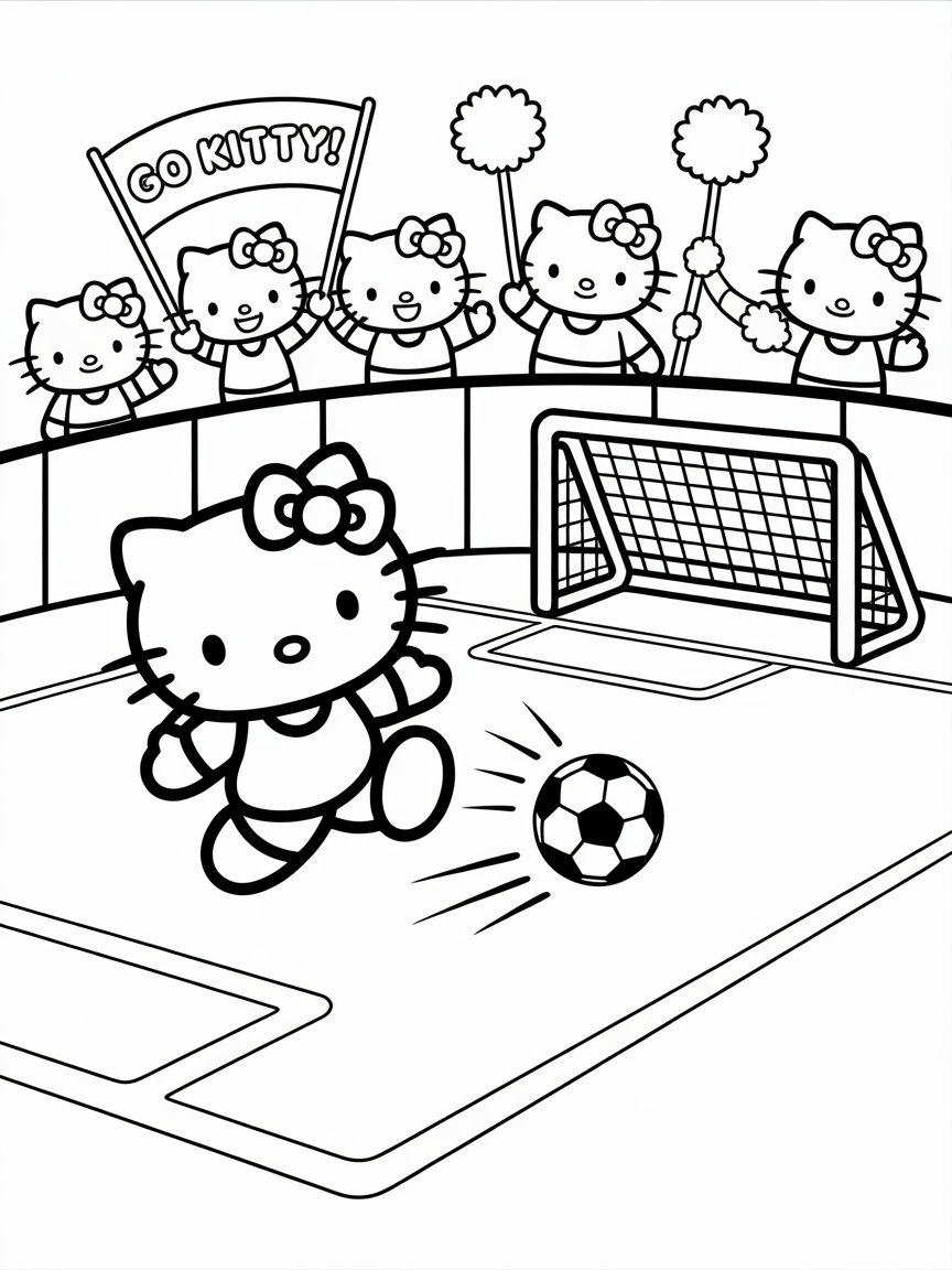 Hello Kitty plays soccer, kicking the ball towards the goal while her friends cheer her on from the sidelines.