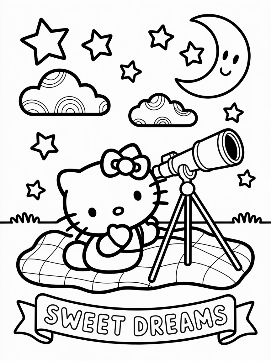 Adorable Hello Kitty coloring page featuring her using a telescope under a night sky with stars, moon, and clouds.
