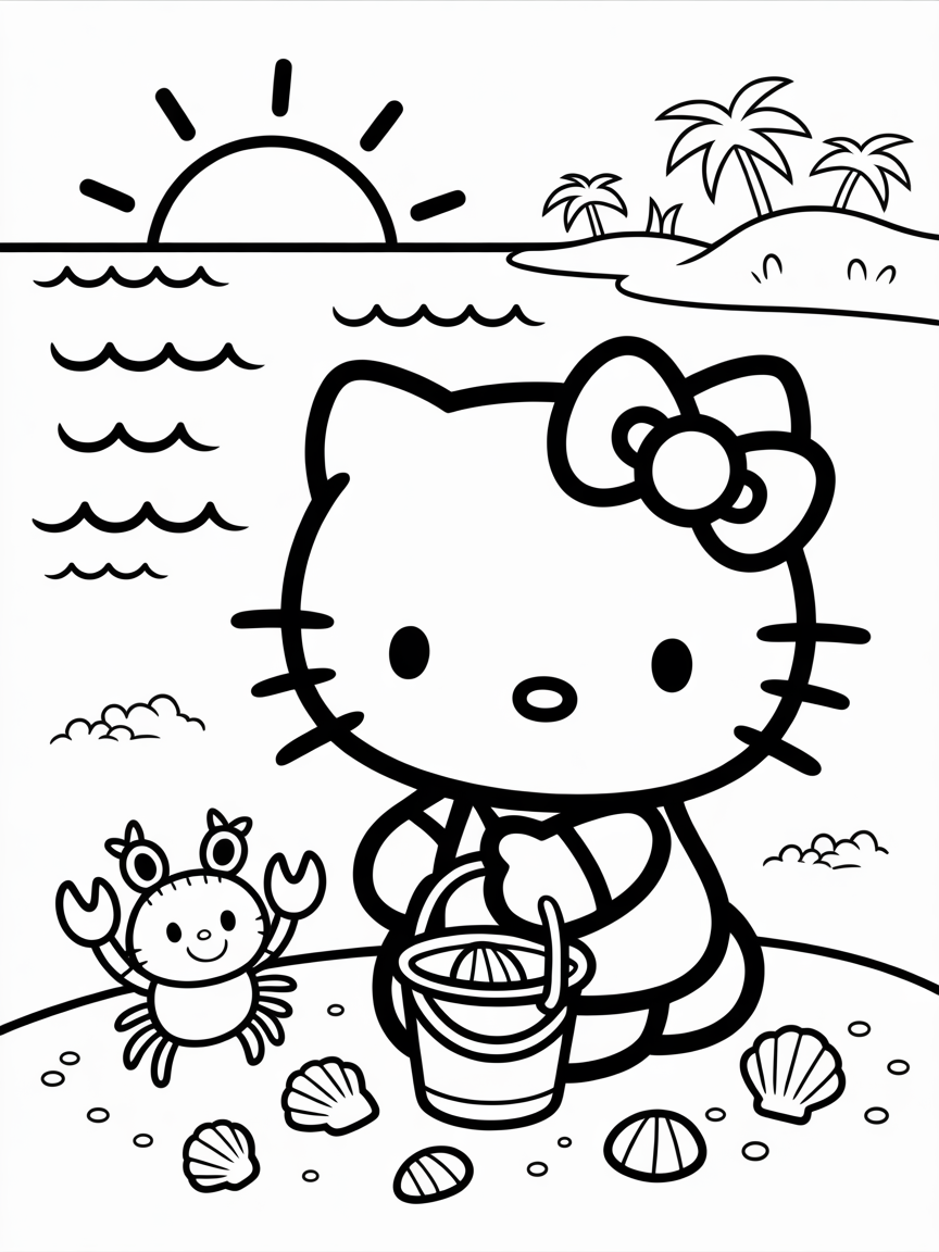Hello Kitty sits on the beach with a pail and a crab, enjoying a sunny day at the ocean.