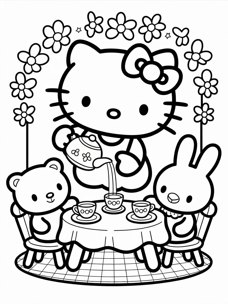 Hello Kitty pours tea for a bear and rabbit at a table with flowers. Free printable coloring page.