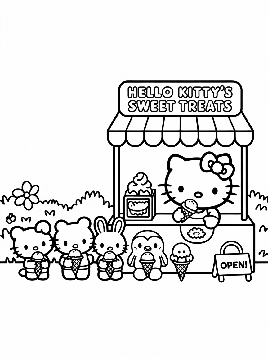 Hello Kitty and friends enjoy ice cream treats at her sweet shop; a fun coloring page for kids.