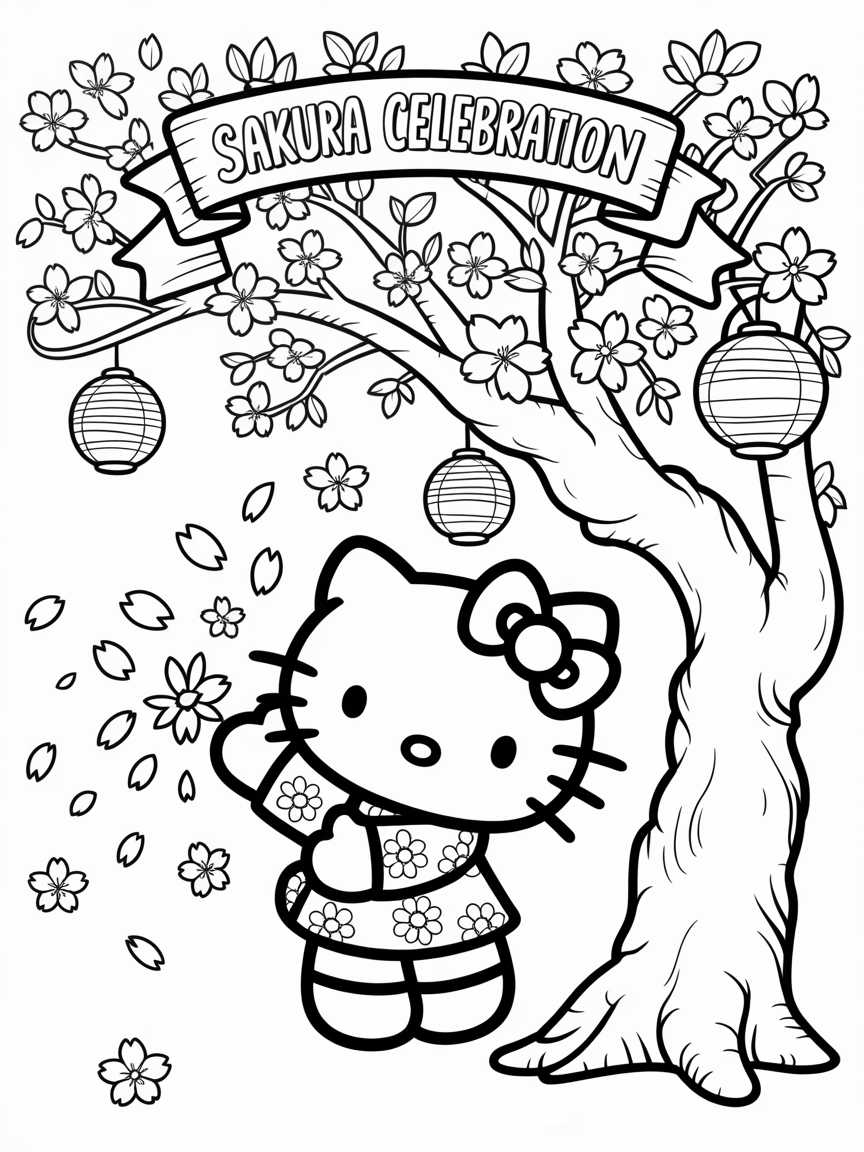 Hello Kitty in a kimono celebrates Sakura season under a blossoming cherry tree with hanging lanterns.
