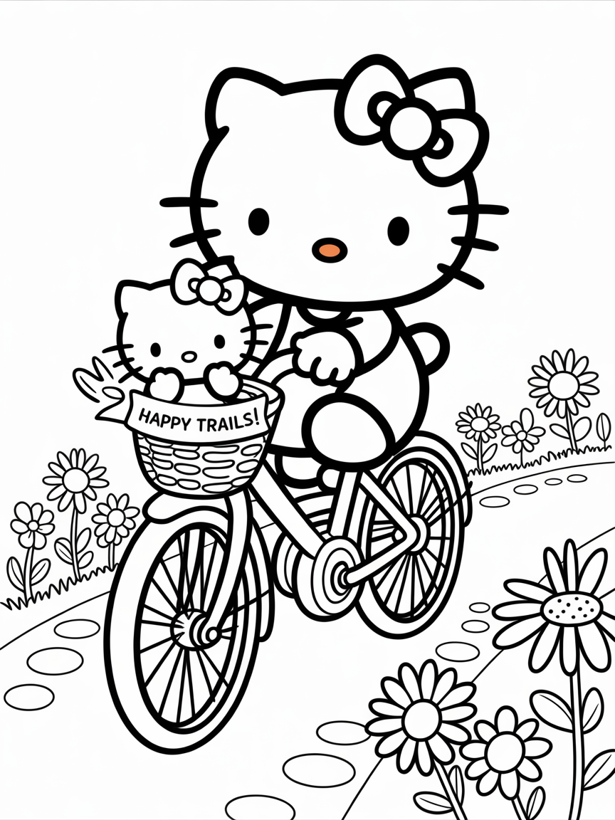 Hello Kitty and Dear Daniel ride a bicycle together through a field of flowers.