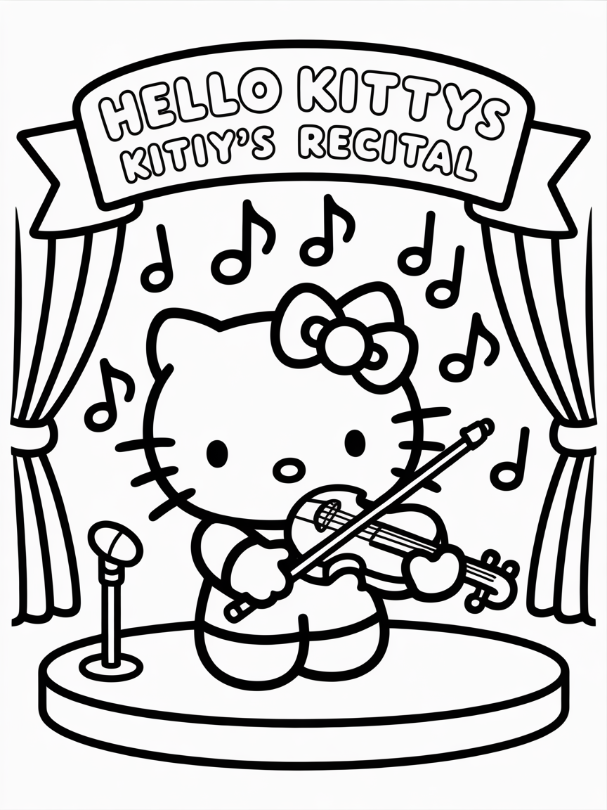 Hello Kitty plays the violin on stage at her recital; a fun coloring page for kids.