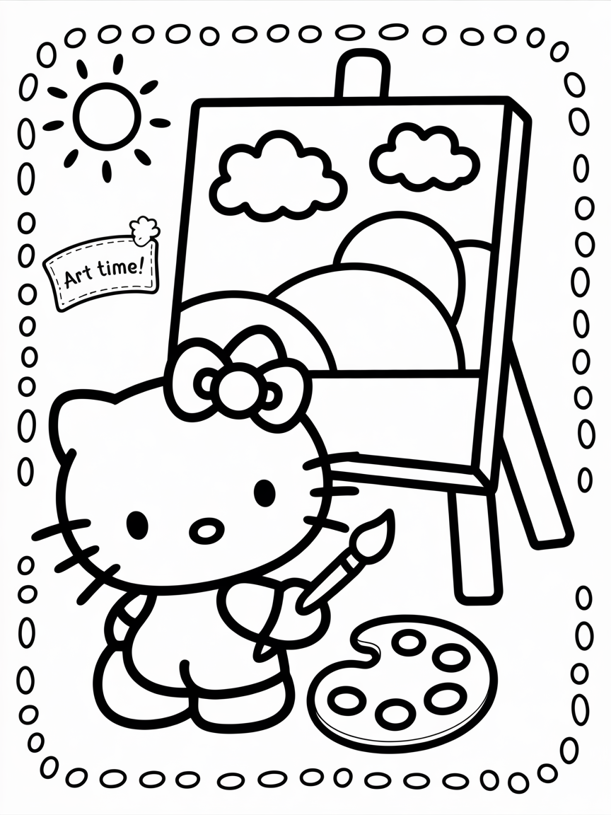 Hello Kitty holds a paintbrush and stands before an easel, ready to paint a sunny landscape. This is a free printable coloring page.