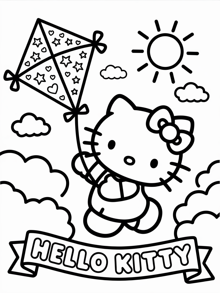 Hello Kitty coloring page featuring Hello Kitty flying a kite on a sunny day with clouds.