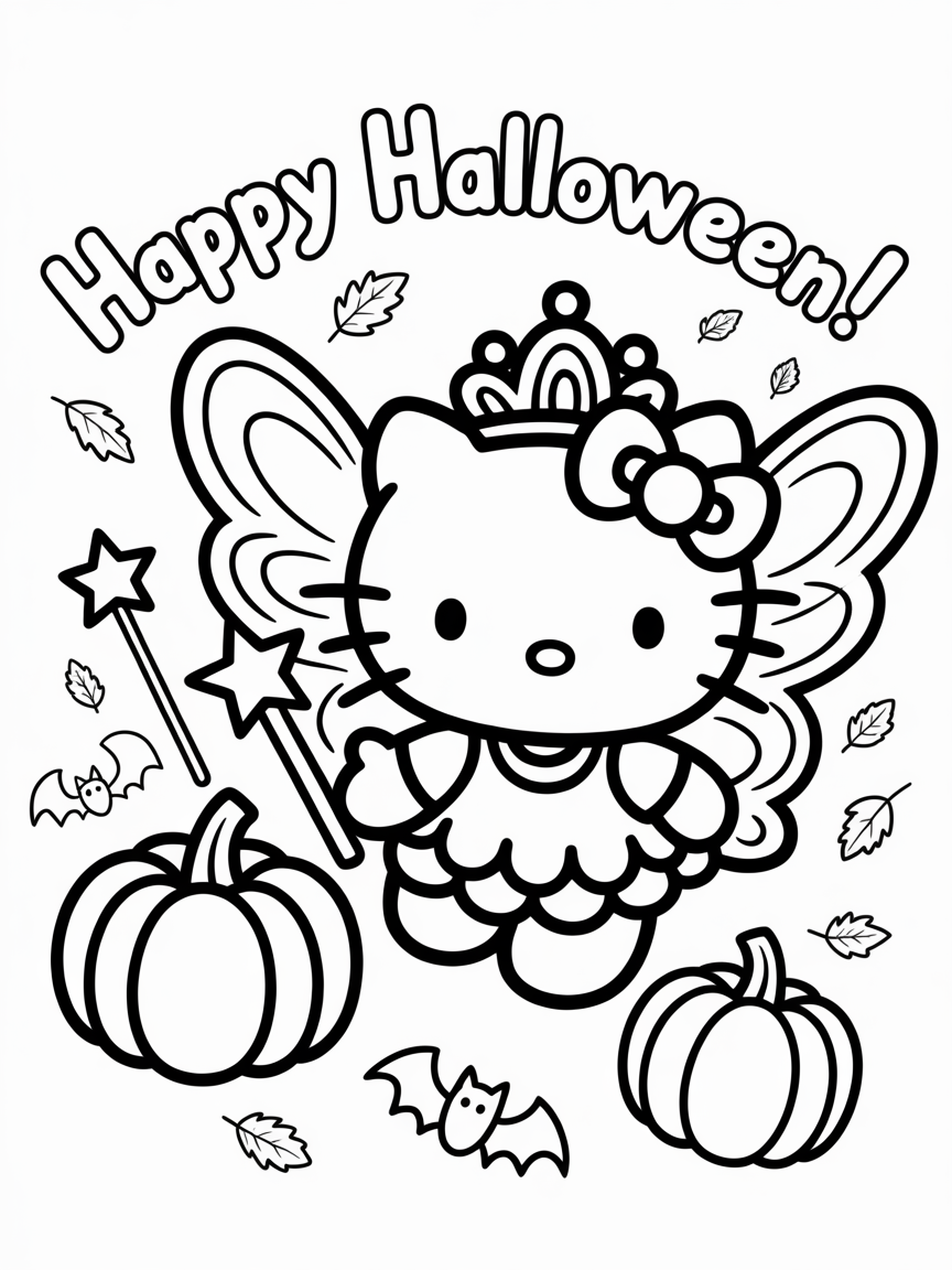 A coloring page featuring Hello Kitty dressed as a fairy for Halloween, with pumpkins and bats.